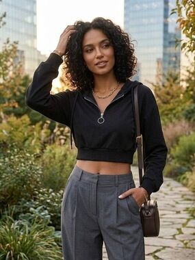 Cropped Black Zip-Front Hoodie